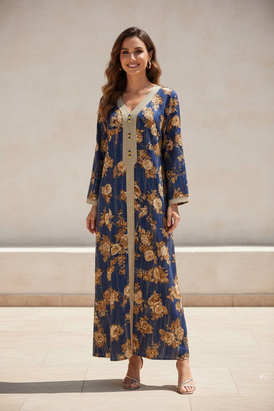 NAVY BLOOM MAXI DRESS – Navy Blue Floral Maxi Dress with Gold Embroidered Neckline – One Size