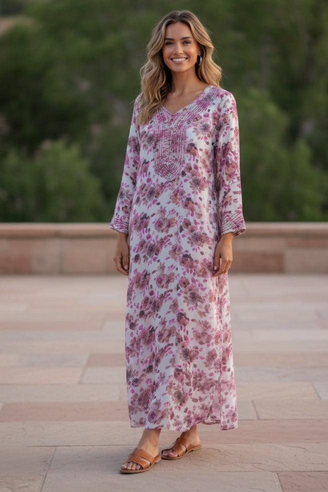 LILAC GARDEN MAXI DRESS – Purple Floral Print Maxi Dress with Embroidered Neckline – One Size