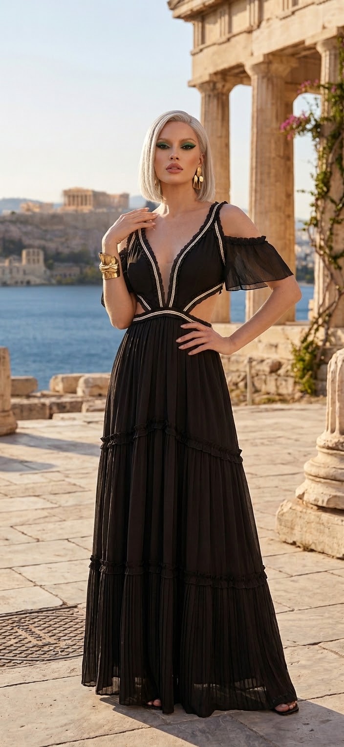 ZINAS BLACK GOLD MAXI | Women's Black Cold-Shoulder Maxi Dress with Gold Detail & Cut-Out by Zinas