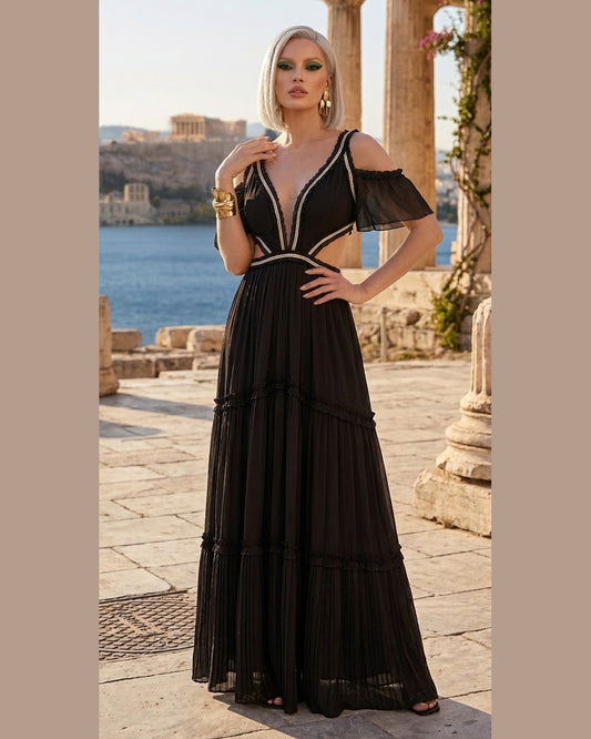 ZINAS BLACK GOLD MAXI | Women's Black Cold-Shoulder Maxi Dress with Gold Detail & Cut-Out by Zinas
