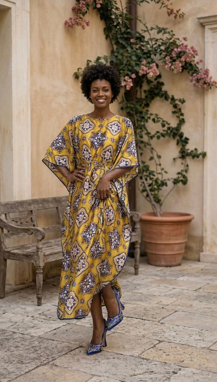 DOVE KAFTAN DRESS | Χρυσό-Λάδι Καφτάνι με Μπλε Geometric Print – One Size