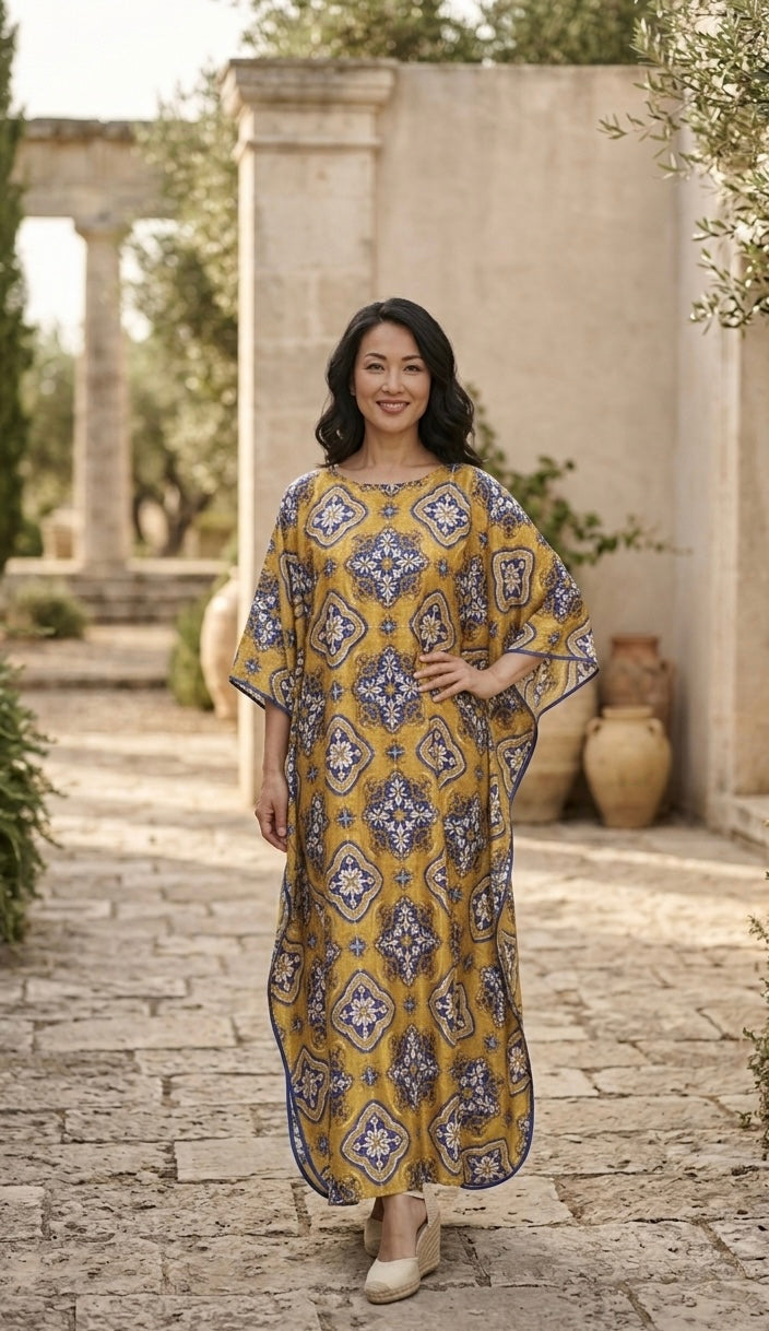 DOVE KAFTAN DRESS | Χρυσό-Λάδι Καφτάνι με Μπλε Geometric Print – One Size