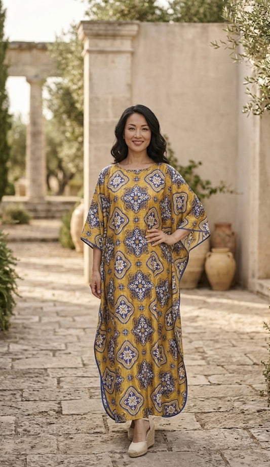 DOVE KAFTAN DRESS | Χρυσό-Λάδι Καφτάνι με Μπλε Geometric Print – One Size