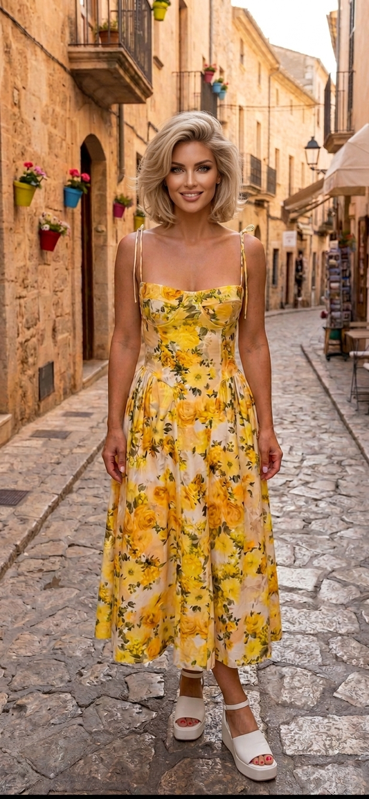 YELLOW FLORAL MIDI DRESS | godivagr.com