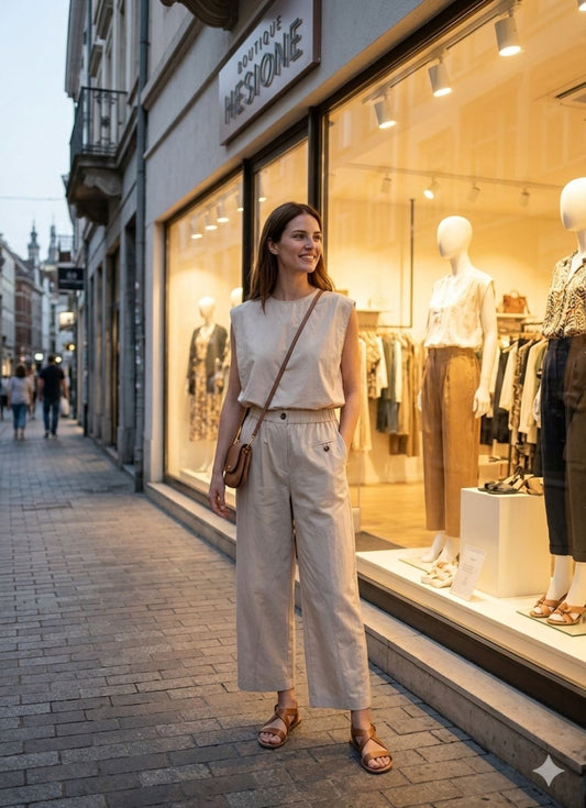 BEIGE STRUCTURED SET | Sleeveless Top & Wide Leg Cropped Trousers