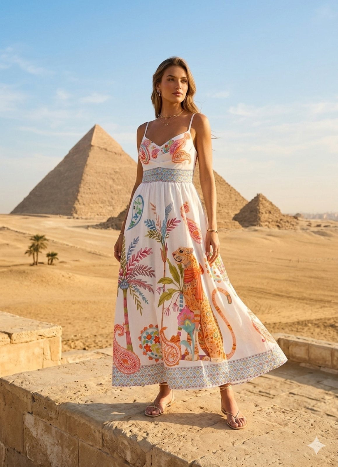 CLEOPATRA MIDI DRESS – Exotic print, spaghetti straps & broderie detail – One Size