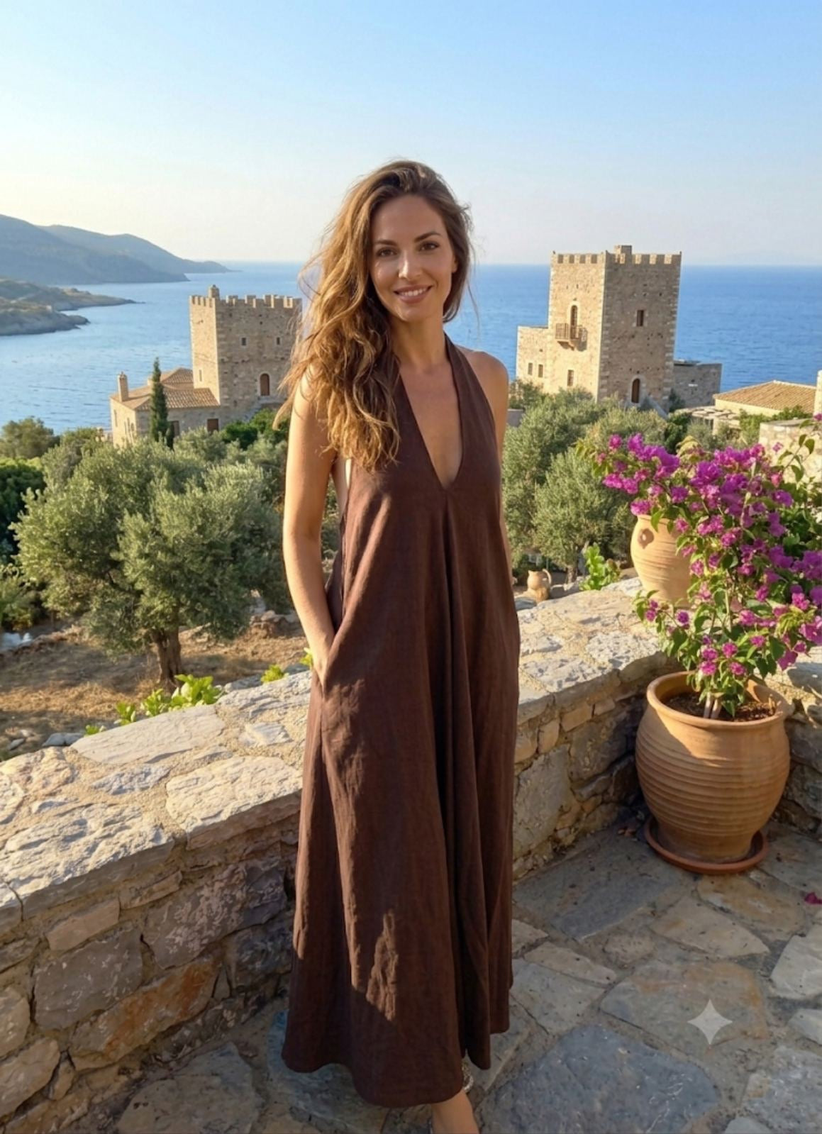 MANI LINEN MAXI DRESS – Halter neck, deep V & pockets – One Size