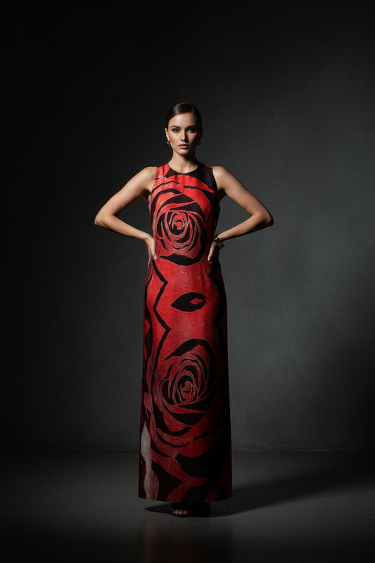 RED ROSE MAXI DRESS | Κόκκινο Φόρεμα με Rose Print