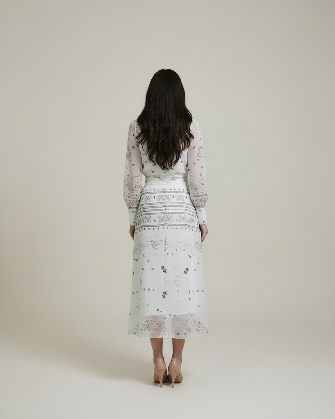 WHITE GREY PRINT SET | Λευκό Σετ με Γκρι Print — Πουκάμισο & Midi Φούστα