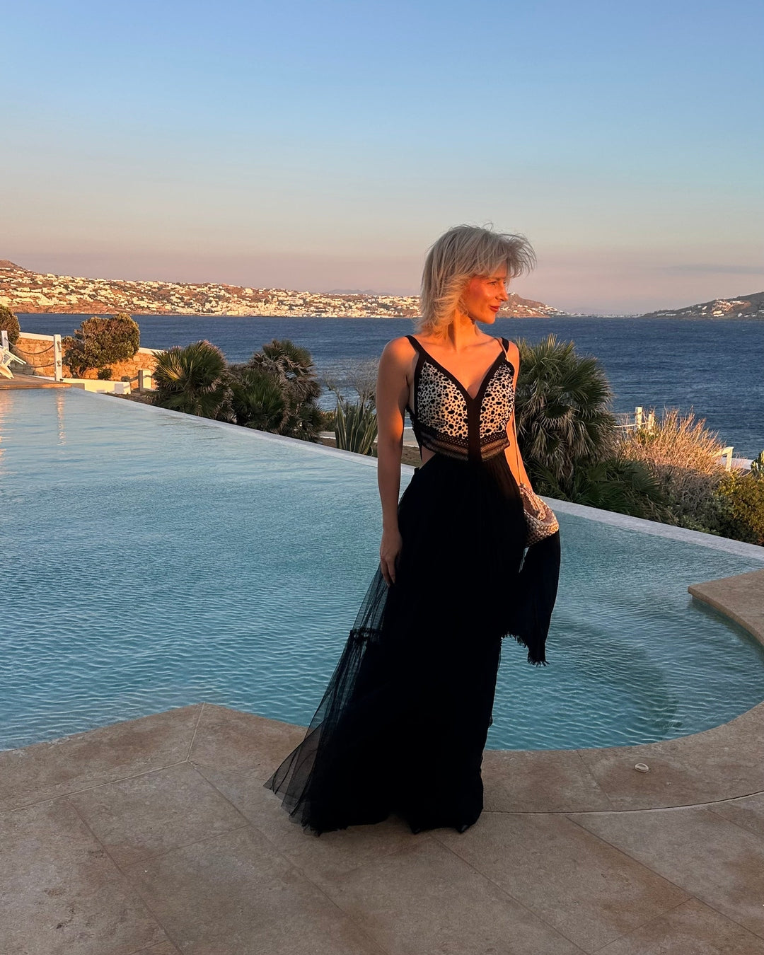 BLACK TULLE MAXI DRESS – Gold strass geometric bodice & deep V-neck – Size M – Zinas Collection