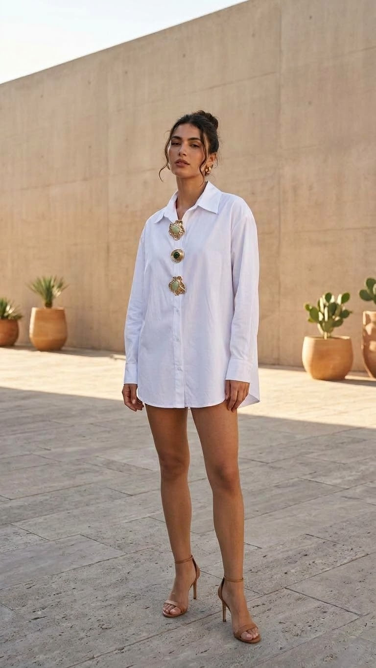 SHARON | White Oversized Shirt with Detachable Brooches