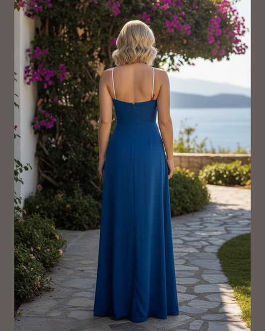 Petrol Satin Maxi Dress με Στρας Τιράντες