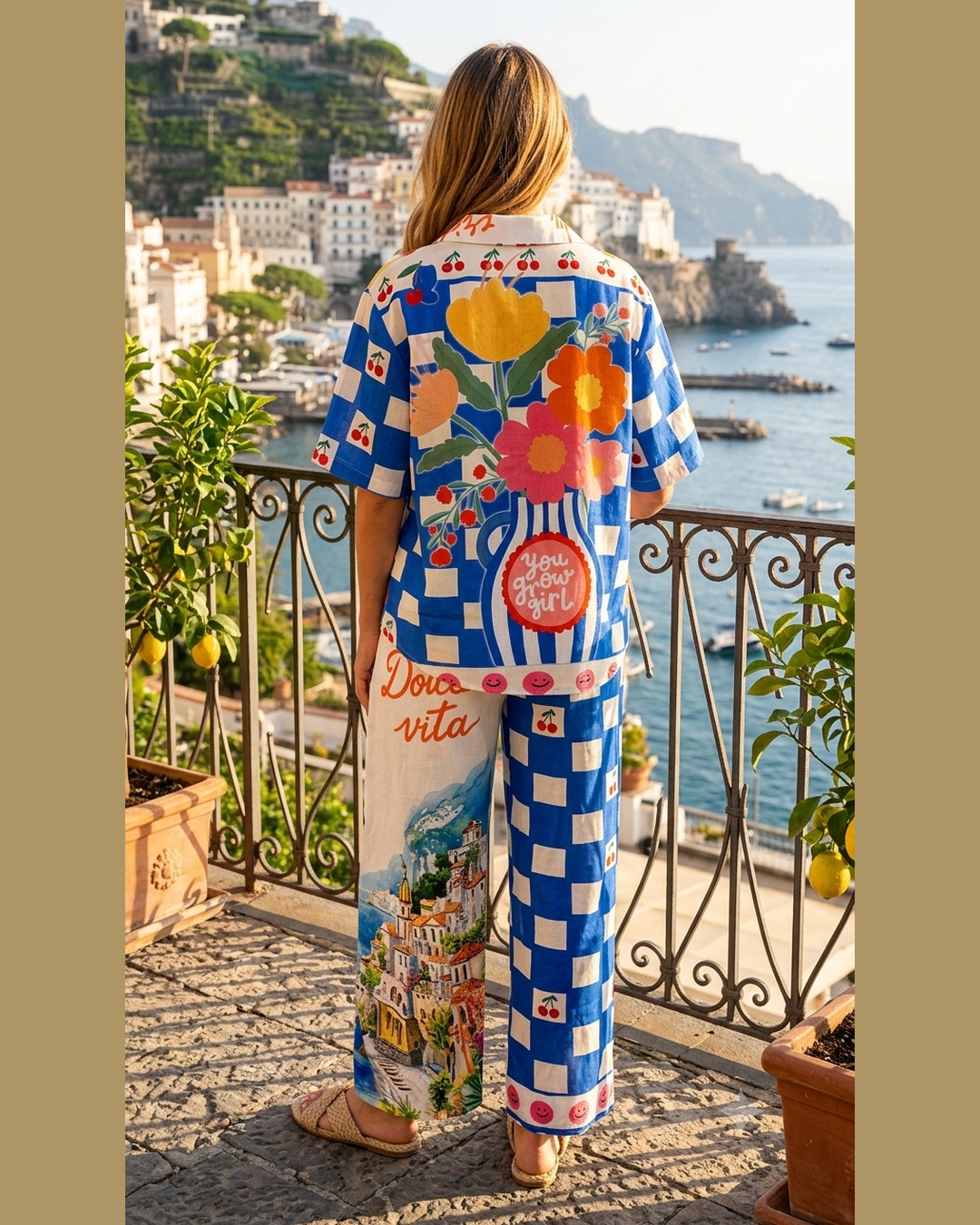 AMALFI VIBES SET – Graphic print shirt & wide-leg pants – One Size