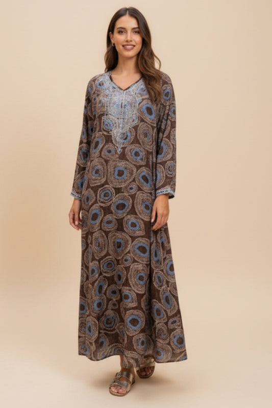 AGATE MAXI DRESS – Brown Circle Print Maxi Dress with Lace V-Neckline – One Size