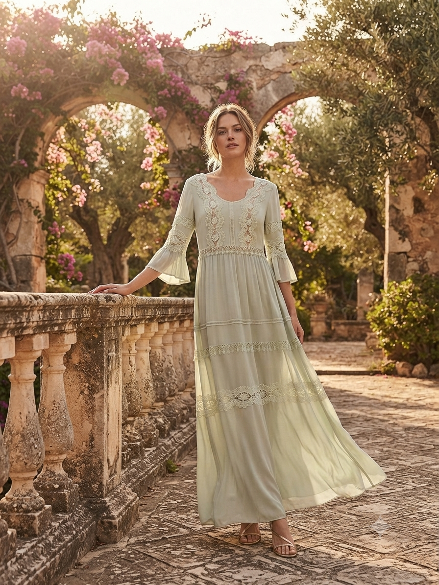 ZINAS LONG PISTACHIO DRESS – Sage Green Boho Maxi Dress with Lace Detail & Bell Sleeves – M