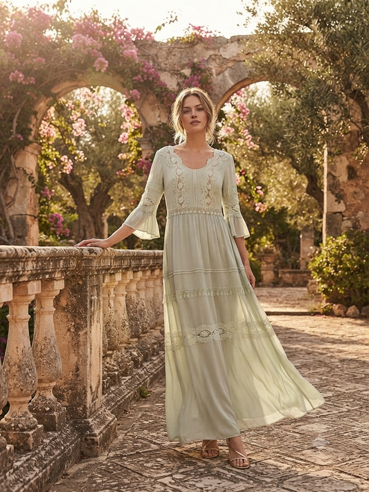 ZINAS LONG PISTACHIO DRESS – Sage Green Boho Maxi Dress with Lace Detail & Bell Sleeves – M