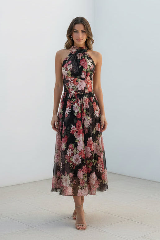 DARK FLORAL HALTER MAXI DRESS – V-neckline & tiered skirt – One size