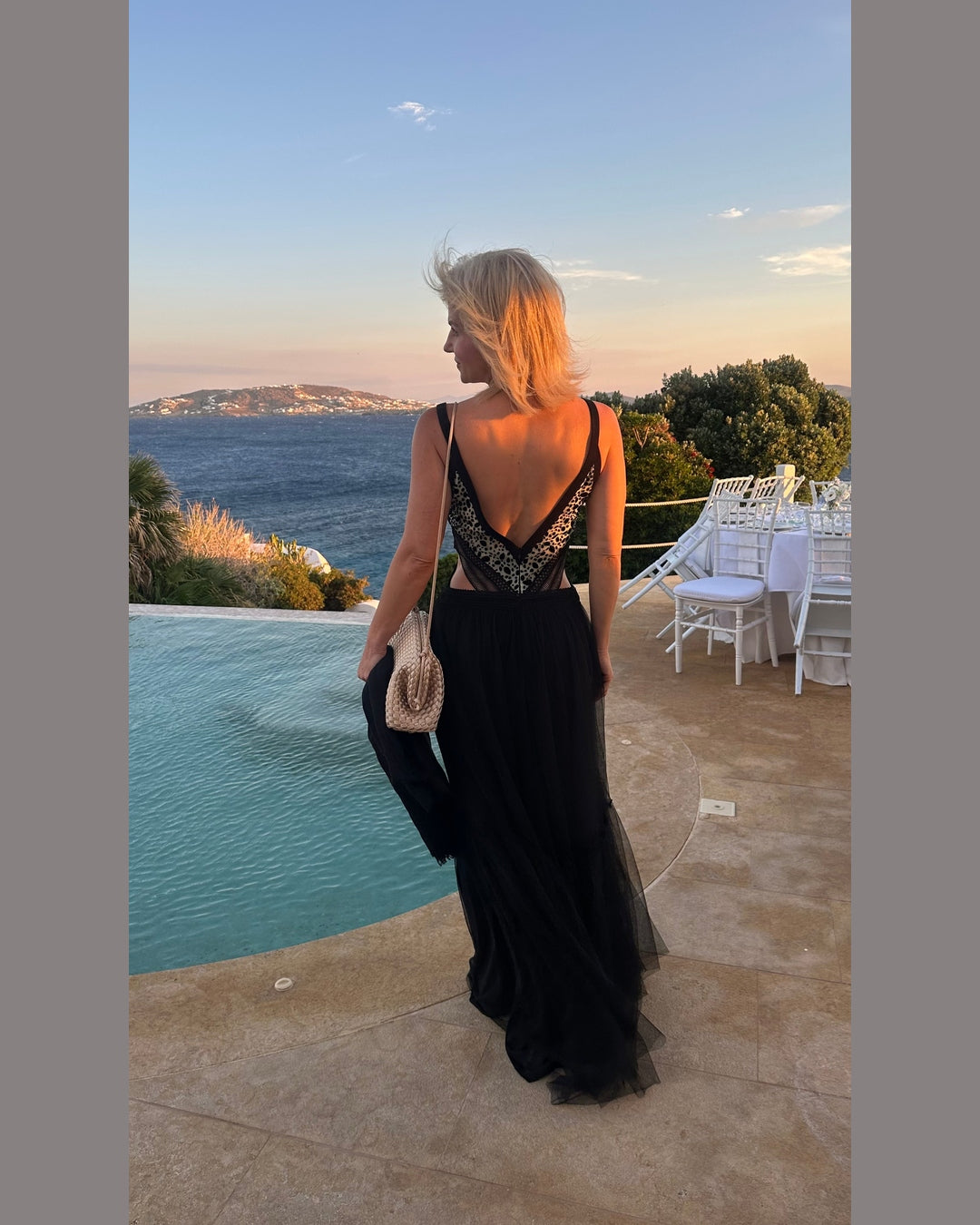 BLACK TULLE MAXI DRESS – Gold strass geometric bodice & deep V-neck – Size M – Zinas Collection