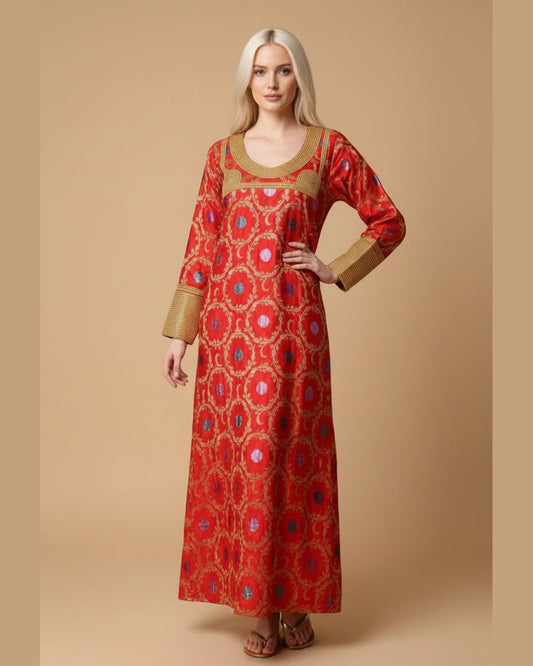 RED DHABI KAFTAN | Maxi Kaftan Dress with Gold Thread Details