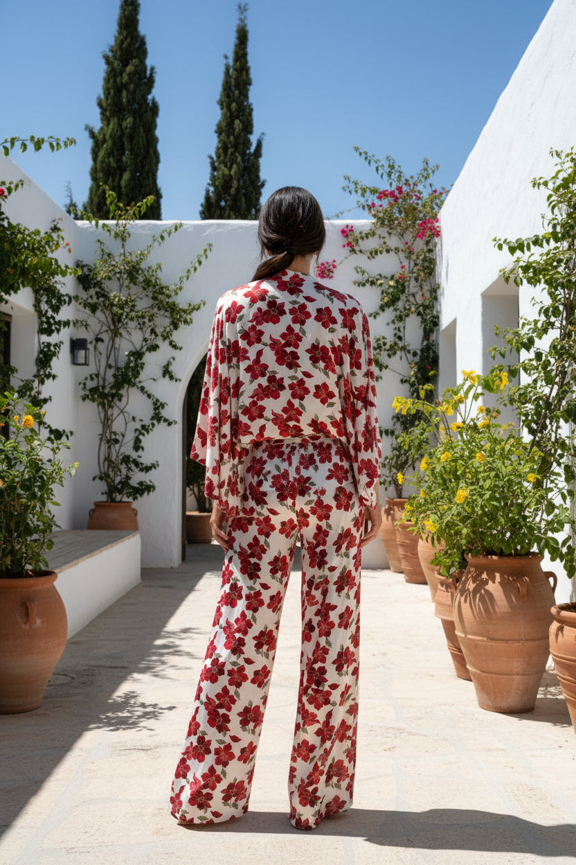 RED FLORAL LACE SET | Oversized Top & Wide Leg Trousers