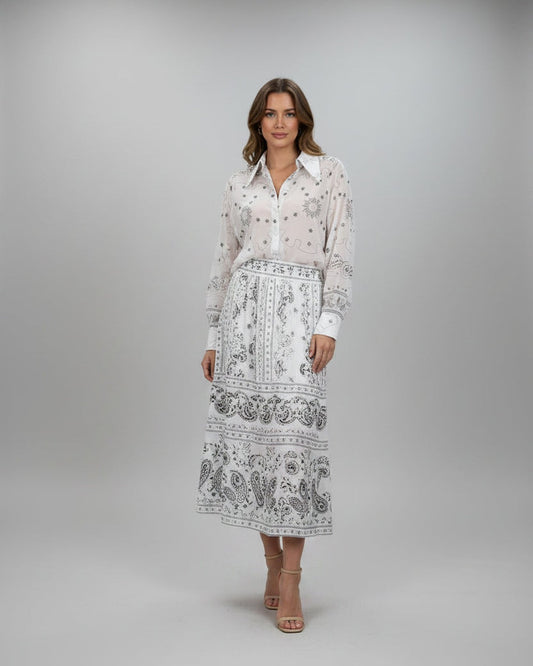 WHITE GREY PRINT SET | Λευκό Σετ με Γκρι Print — Πουκάμισο & Midi Φούστα