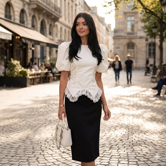 WHITE RUFFLE PUFF SLEEVE TOP – Lace hem & back ties – One size