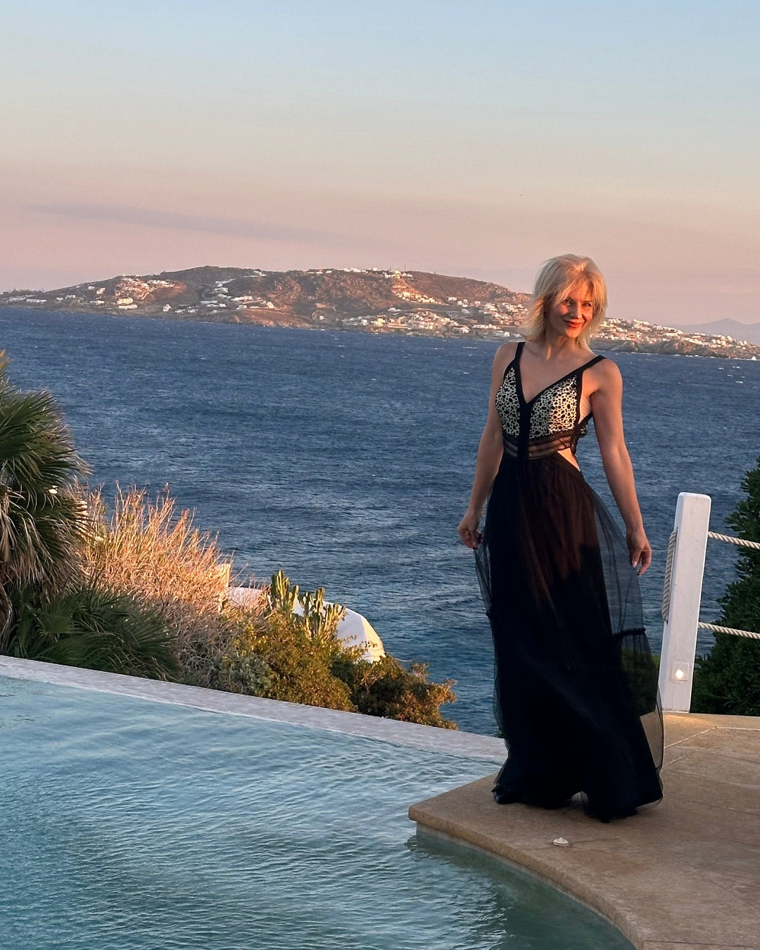 BLACK TULLE MAXI DRESS – Gold strass geometric bodice & deep V-neck – Size M – Zinas Collection