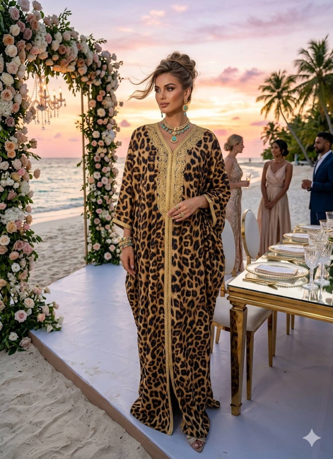 LEOPARD SILK KAFTAN – Gold embroidery & maxi length – One Size