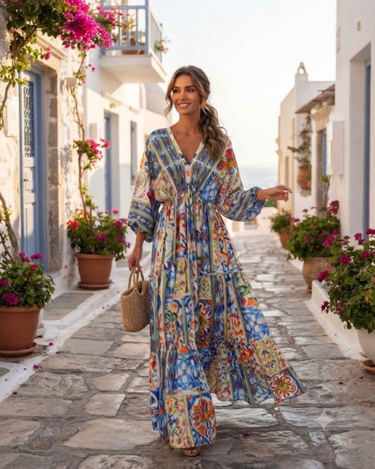 ITALIAN MAGIC | Majolica Print Boho Maxi Dress