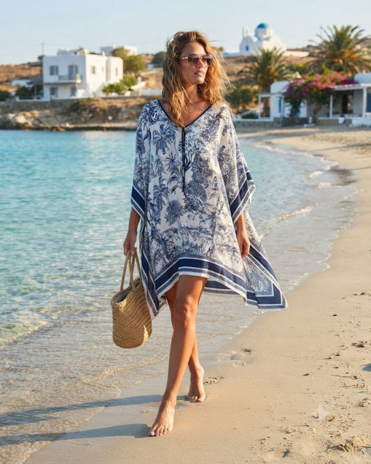 SPETSES KAFTAN – Navy Blue Toile de Jouy Beach Kaftan – One Size