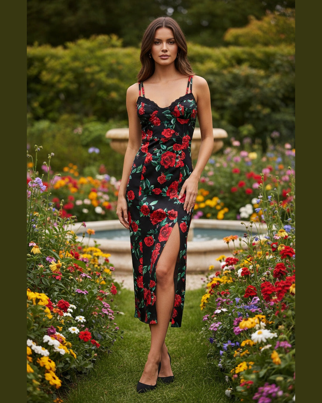 BLACK ROSE FLORAL MIDI DRESS | One Size