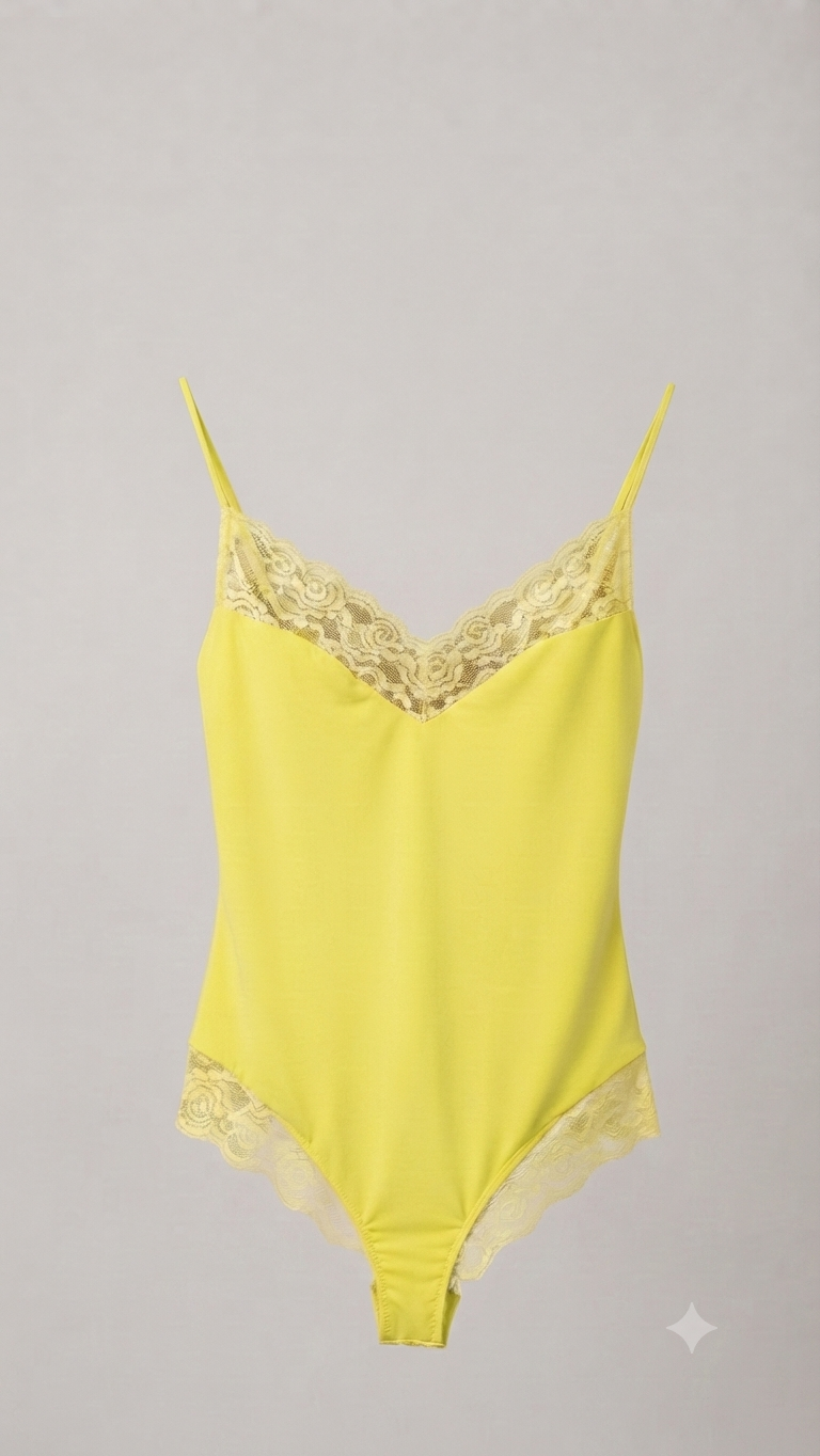 YELLOW LACE BODYSUIT – Lime Yellow Lace-Trim V-Neck Bodysuit with Spaghetti Straps – One Size