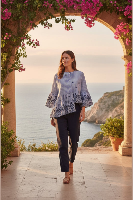 AEGEAN | Striped Embroidered Bell Sleeve Blouse – One Size