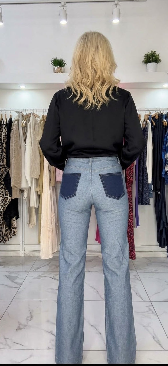 DENIM DUO | Contrast Detail Flared Jeans