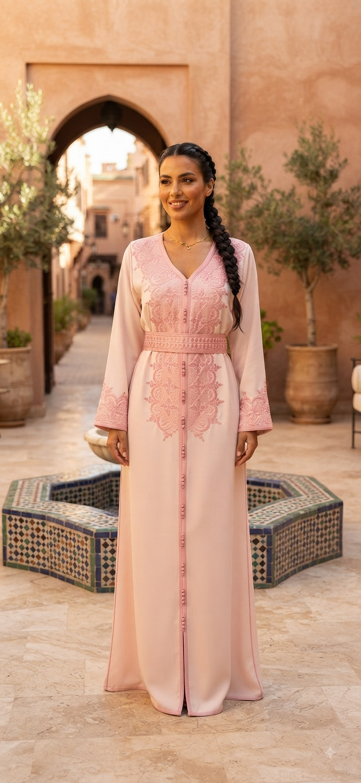 ROSE KAFTAN – Blush Pink Maxi Kaftan with Embroidery & Belted Waist – One Size