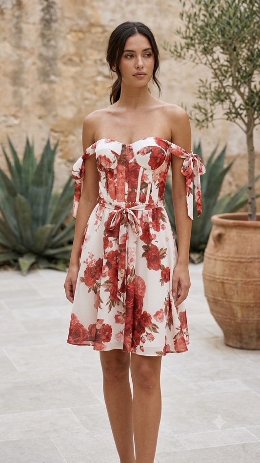 FLORAL OFF-SHOULDER DRESS – Corset bodice & tie sleeves – One size