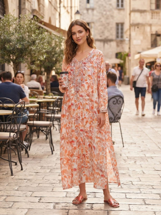 PEACH BLOSSOM MAXI DRESS – Coral Floral Print Maxi Dress with Embroidered Neckline – One Size