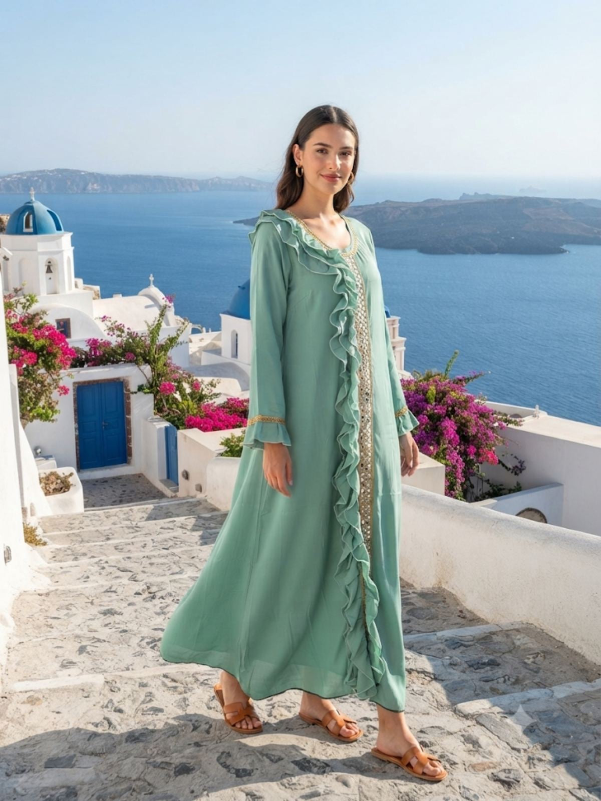 SAGE RUFFLE MAXI DRESS – Sage Green Maxi Dress with Ruffle Front & Gold Trim – One Size