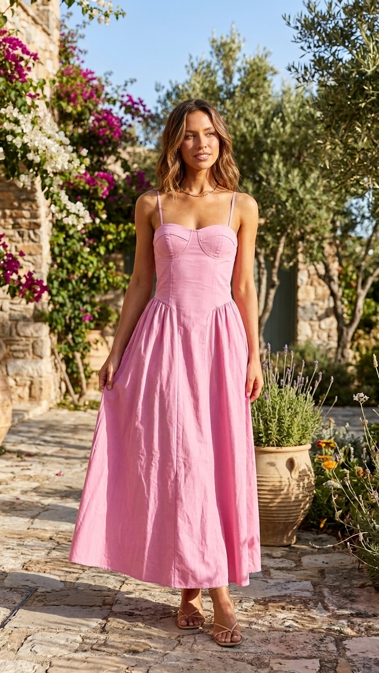 PINK BUSTIER MIDI DRESS – Sweetheart neckline & full skirt – One size