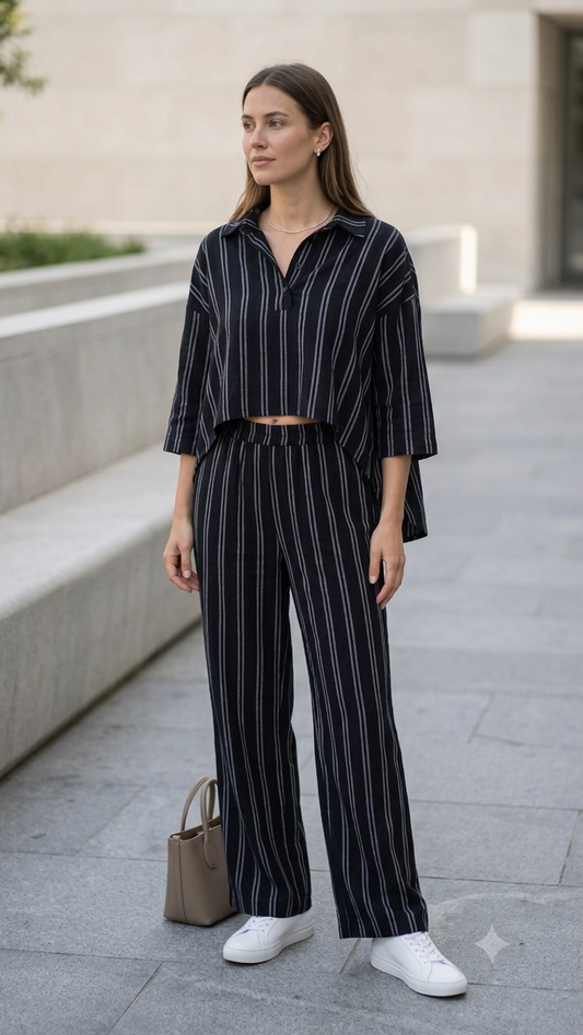BLACK STRIPED SET – Polo crop top & wide leg pants – One size