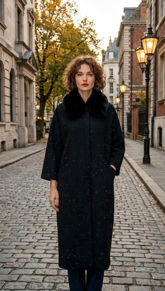 NOCTURNE | Black Longline Cardigan with Plush Collar