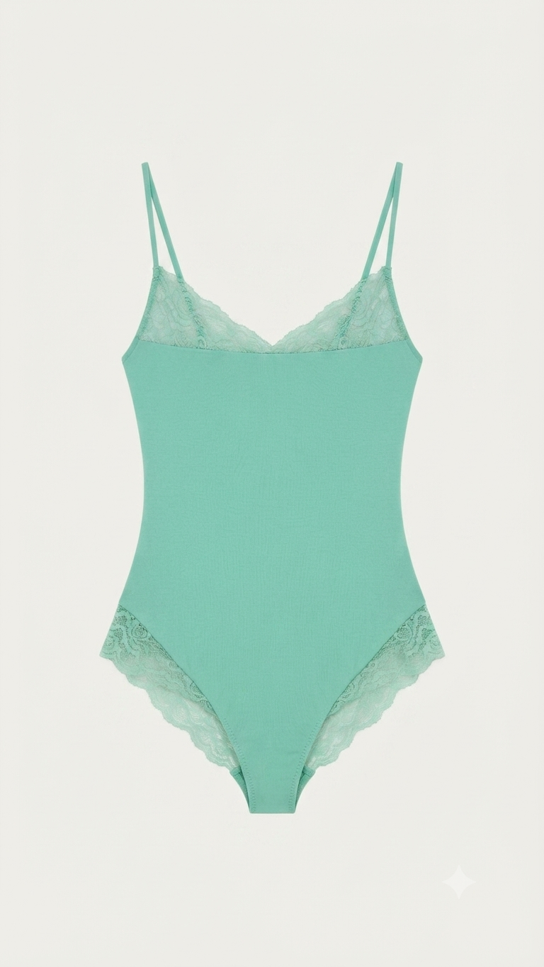 MINT LACE BODYSUIT – Teal Lace-Trim V-Neck Bodysuit with Spaghetti Straps – One Size