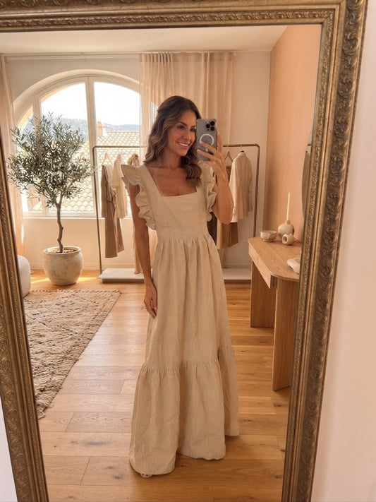 EKROU LINEN | Beige Ruffled Maxi Dress