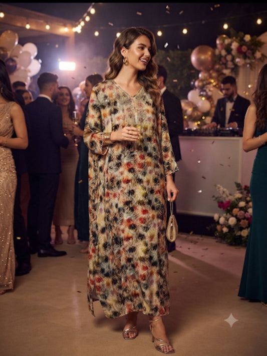 WATERCOLOR MAXI DRESS – Abstract Floral Print Maxi Dress with V-Neckline – One Size