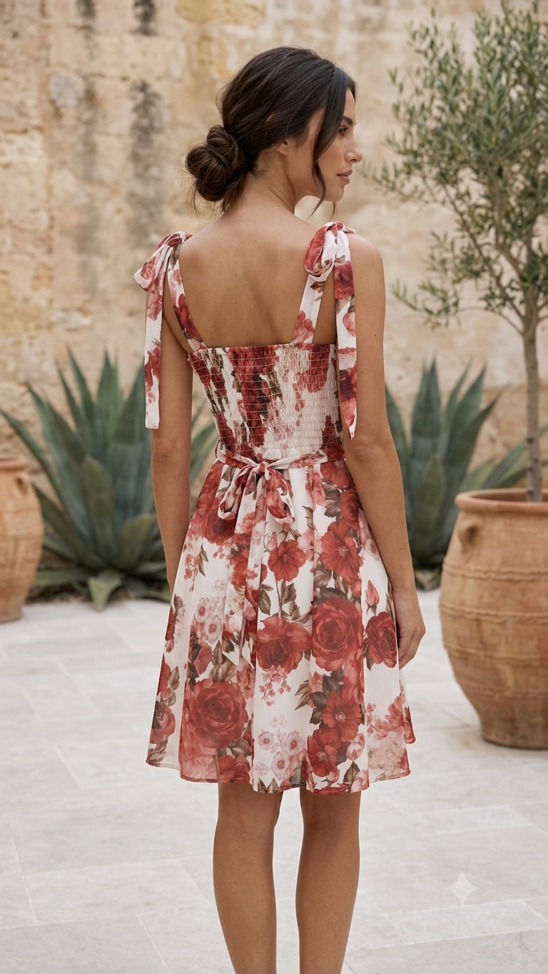 FLORAL OFF-SHOULDER DRESS – Corset bodice & tie sleeves – One size