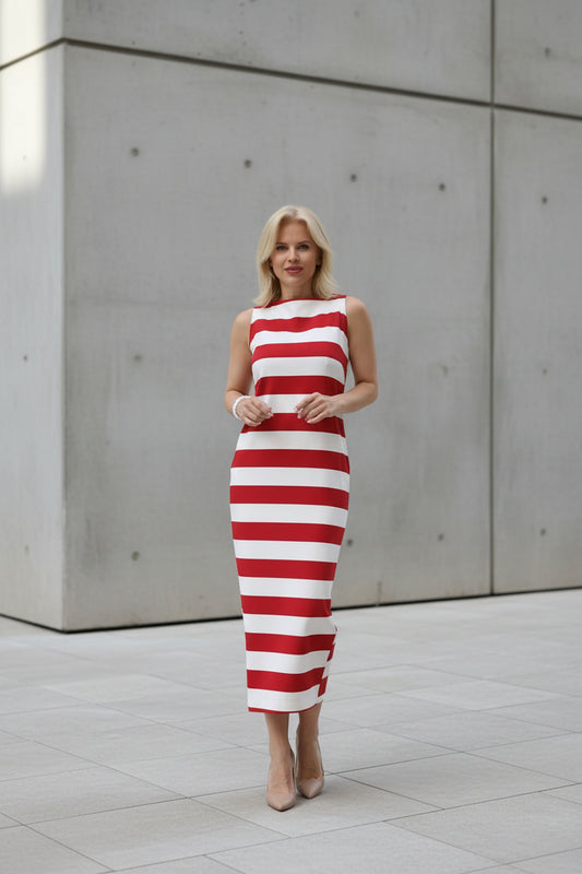 RED STRIPES DRESS | Red & White Striped Midi Dress with Bow Back LUMINA