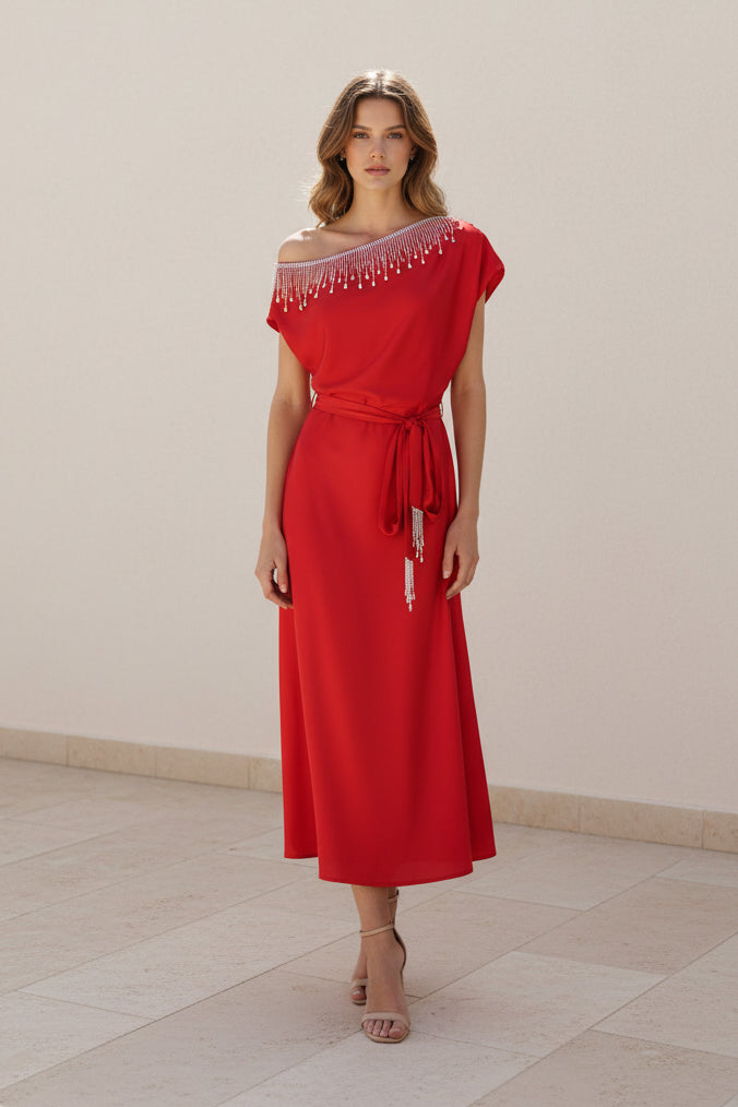 SCARLET FRINGE MIDI DRESS – Red One-Shoulder Midi Dress with Crystal Fringe & Tie Belt – One Size