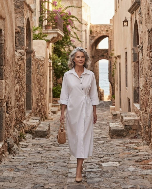 LEFKADA DRESS – White Wrap-Detail Midi Shirt Dress – One Size