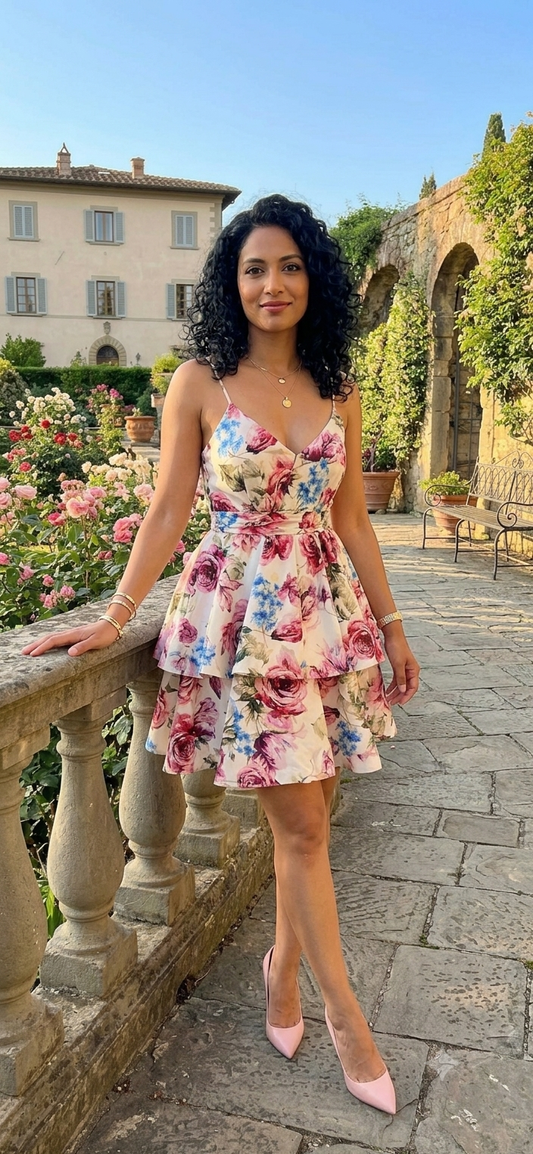 AMALFI FLORAL TIERED MINI DRESS – Spaghetti straps & ruffle skirt – One size