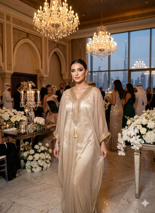 GOLD KAFTAN MAXI DRESS – Sheer overlay & gold embellishments – One Size